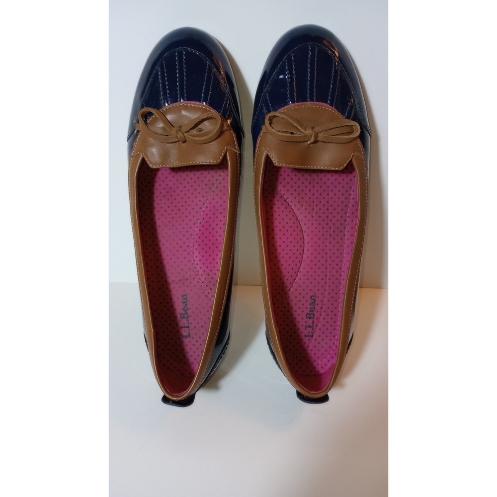 LL Bean Coastal Rain Skimmers Duck Ballet Flats Navy Blue Tan OHXD3 Womens 9.5